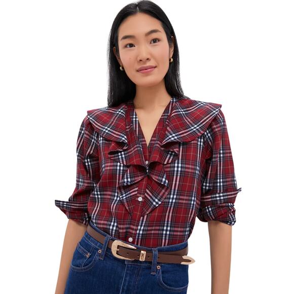 Tuckernuck Tops - Tuckernuck Top Womens Large Red Eileen Plaid V-Neck Ruffle Button Down Shirt
